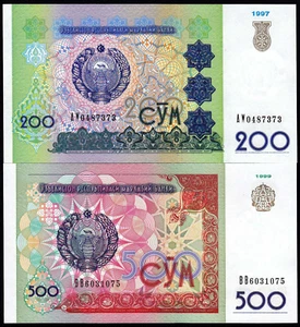 UZBEKISTÁN 200, 500 SOM (P80, 81) 1997, 1999 JUEGO DE 2 BILLETES SIN CIRCULAR - Imagen 1 de 1
