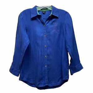Lauren Ralph Lauren Hemd Damen S royalblau 3/4 Arm Knopfleiste Wappen Leinen - Bild 1 von 6