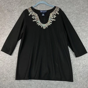 Susan Graver Style Slinky Top Womens M Black Beaded Sequins Neckline Glam - Picture 1 of 9