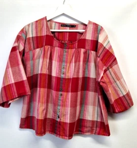Gudrun Sjoden plaid Short Sleeve Cotton Linen Button Up Crop Top Large red 17 - Picture 1 of 9