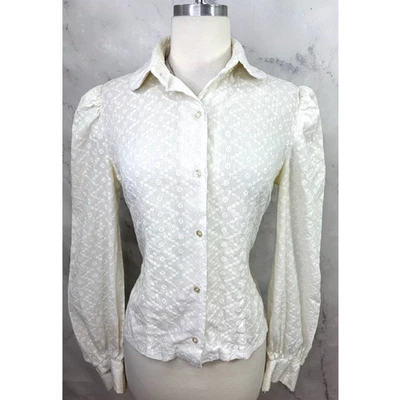 Vintage 70s Eyelet Button Up Shirt Whimsigoth Blouse S White Cottage Victorian - Image 1 of 4