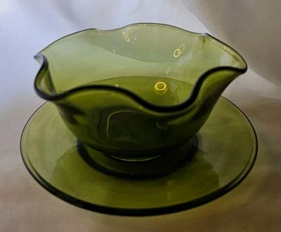 Vintage Avocado Green Dip Bowl with Under Plate and Spoon - Image 1 of 3