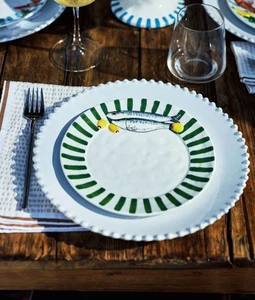 Anthropologie Micola Seafood Dessert Plate Green Stripe Sardine Fish Side 8” NEW - Picture 1 of 7