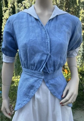 ANTIGUO CORPIÑO EDUARDIANO DE LINO AZUL Y BLANCO Foto 1 de 4