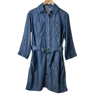 Rachel Roy Chambray джинсовая рубашка платье 4 пуговицы подпоясанный карманы Lyocell опрятный - Изображение 1 из 4