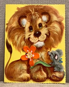Tarjeta de felicitación de cumpleaños vintage Coby león flor ratón retro años 60 Groovy - Imagen 1 de 12