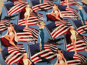Robert Kaufman-Retro 1940's Pinup Girls with American Flag D3275 3yds NEW - Picture 1 of 7