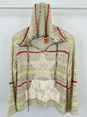 POL Size S Beige Open Knit Crochet Striped Pullover Hoodie Women Sweater - Image 1 of 4