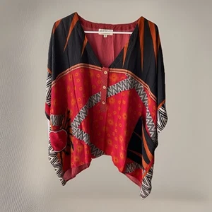 KANTHA BAE 100 % Seide Boho Cropped Tunika Kimono Top O/S schwarz lachs orange Sonne - Bild 1 von 10