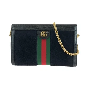 GUCCI Web Stripe 503877 ChainShoulder Bag Pochette Black Black Suede GG - Picture 1 of 10