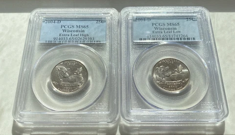 2004-D WISCONSIN EXTRA HIGH & EXTRA LOW LEAF STATEHOOD 25c ERROR SET PCGS MS 65 Cover