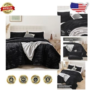 Soft & Cozy Twin Comforter Set - Modern Black Fleece All-Season Bedding - Picture 1 of 9