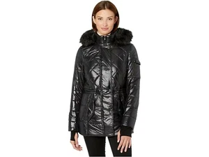 Michael Kors Women Black Quilted Insulated Jacket with Hood Faux Fur Trim Size M - Picture 1 of 6