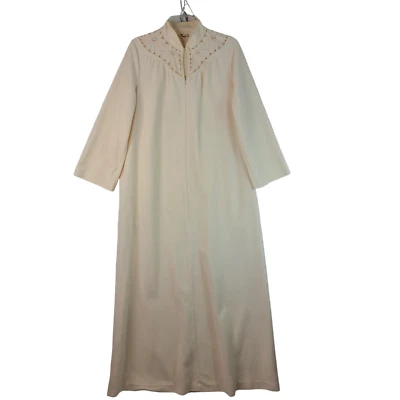 VTG Vanity Fair Womens Beige Velour Embroidered Floral Robe Front Zip Size 12 - Image 1 of 4