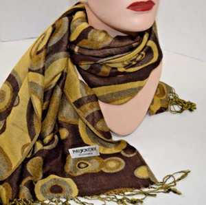 Vintage Pashmina Scarf  L68" W28" 70s Luxury Gold Bronze Brown Circles Fringe - Picture 1 of 13