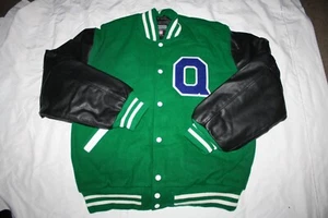 Vintage Stewart Strauss Letterman Varsity Jacket WOOL LEATHER GREEN AND BLACK L - Picture 1 of 3