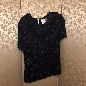 Top da sera Papell Boutique nero blu con perline taglia grande L - Foto 1 di 7