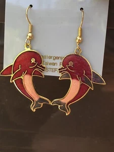 New Lovely Burgundy Peach Gold Dolphin Enamel Earrings By Stefno Hypoallergenic - Picture 1 of 12