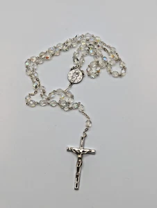 Vintage Catholic Rosary Clear Iridescent Glass Beads Silver Tone Crucifix Italy - Picture 1 of 6