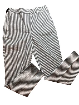 Pantalones para mujer Zara Seersucker medianos azul/blanco a rayas cintura elástica recta Foto 1 de 4