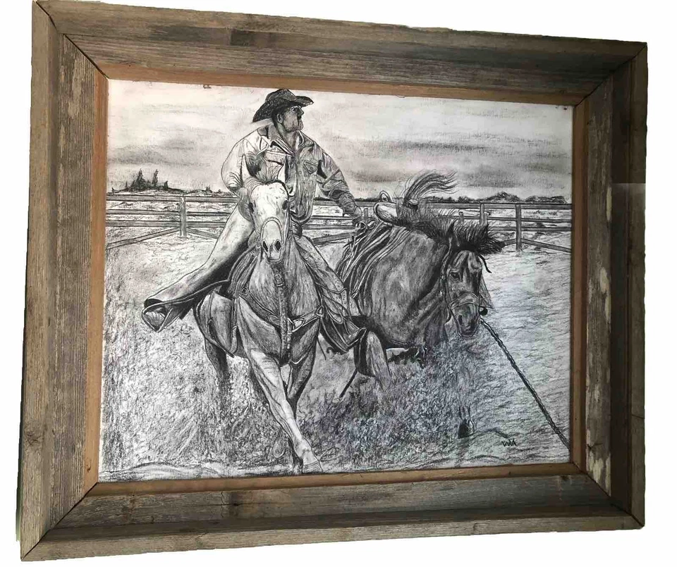 Lápiz Carbón Original Caballo Vaquero Western Rodeo Dibujo 24 X 20 Firmado WVA. Foto 1 de 4