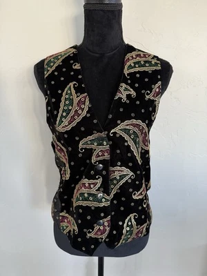 Chaleco de terciopelo negro Mixit vintage para mujer con diseño granate y cachemir verde. Foto 1 de 4