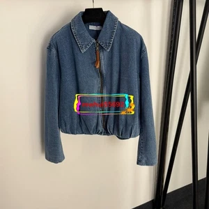 new leather decorative bud waist lapel long sleeve zipper denim jacket - Picture 1 of 3