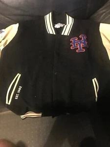 New York Mets Wool Leather Jacket By Majestic Mens Sz L Black and Blue - Picture 1 of 10