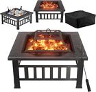 Multifunctional Patio Fire Pit Table,32in Square Metal BBQ Firepit Stove Backyar