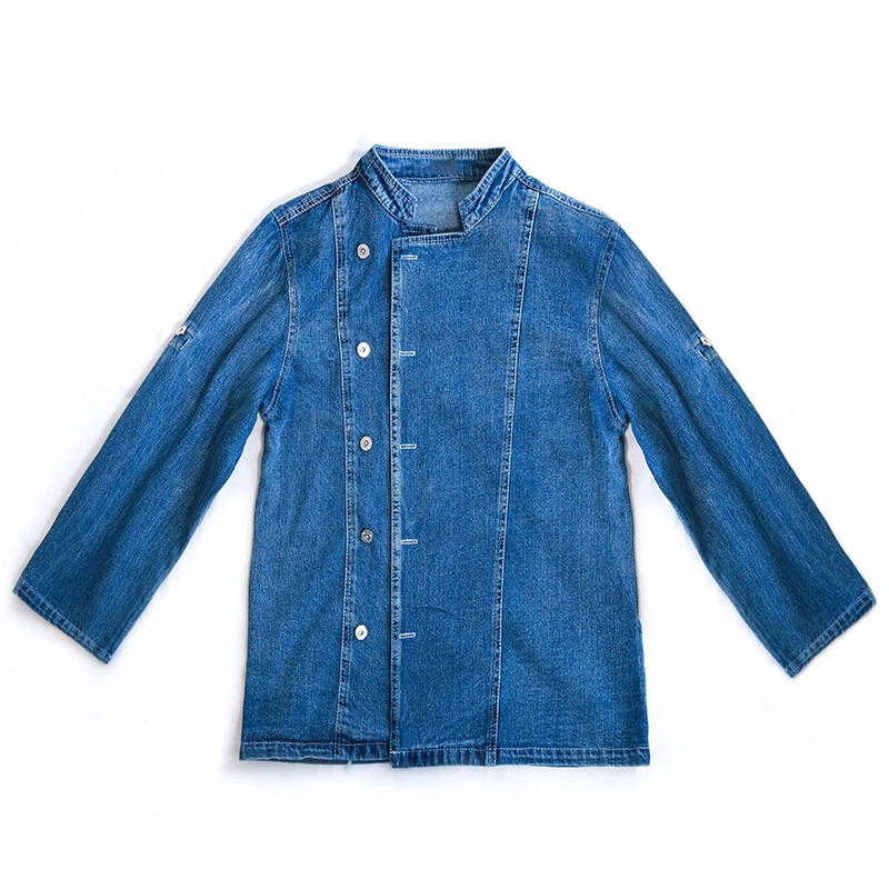 Unisex Chef Jacket Long Sleeve Cook Coat Men Women Denim Kitchen Uniform Suit - Image 1 of 4