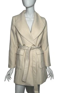 Allegra K Women's Jacket Small Cream Belted Winter Coat Pockets NEW - Picture 1 of 16