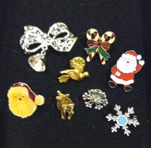 Lot of 8 Christmas Holiday Lapel Pins Brooches - Santa, Rudolph, Snowflake, Dove - Picture 1 of 15