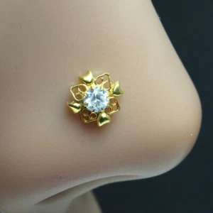 Floral Nose White single CZ studded gold plated corkscrew piercing nose stud - Picture 1 of 3
