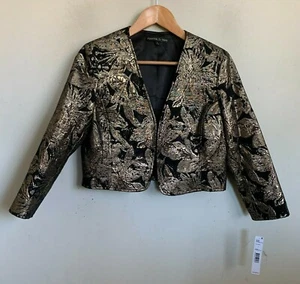 Preston York Jacket Jacquard Gold Floral Metallic Black Crop Hook Lined Sz 6 NEW - Picture 1 of 9