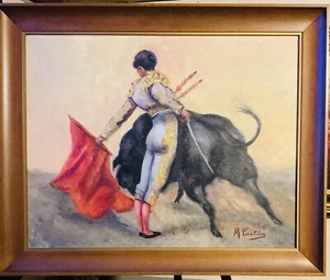 VINTAGE M. CARTALES SIGNED CANVAS PAINTING BULLFIGHTING MATADOR W FRAME EBAY 1/1 - Picture 1 of 13
