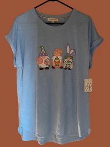 Womens Easter T-shirt Size XL Blue Gnomes Easter Eggs Bunny Pastels Embroidered - Picture 1 of 1