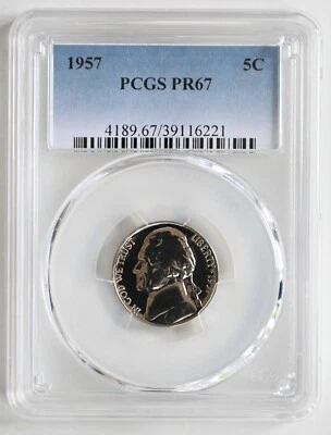 ONE OF PR67 1957 JEFFERSON NICKEL PCGS GRADED US 5C PROOF P-MINT EXACT COIN - Image 1 of 4