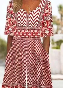 QXE Women's Fair Isle Print Jumpsuits 2025 Spring Outfits Half Sleeve Crew Neck - Picture 1 of 5