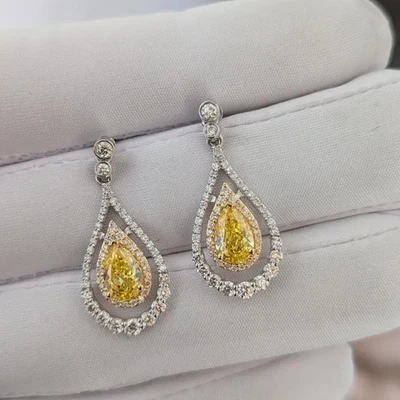 3.10Ct Pear Cut Lab Created Yellow CItrine Two Tone Halo Earring 14k Gold Plated - Image 1 of 4