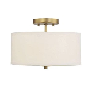 Savoy House Meridian 13" x 10" 2-Light Brass Semi-Flush Mount White Fabric Shade - Picture 1 of 6
