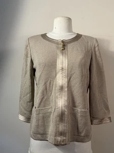 ST JOHN Collection Taupe Santana Knit Zip Front Jacket Sz 4 Pockets Satin Trim - Picture 1 of 10