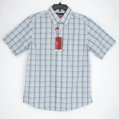 Roundtree Yorke TravelSmart Short Sleeve Shirt L SLIM Blue Gray White Check NWT - Image 1 of 4