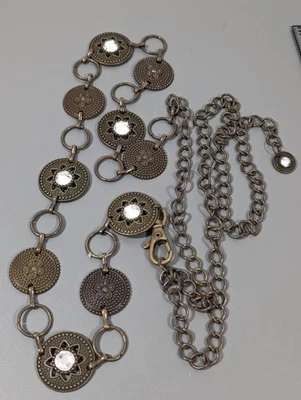 Dark Bronze Tone Medallion Rhinestone Chain Belt Boho Western 55 inch - image 1 of 4