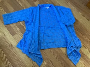 Woman Within Blue Open Weave 3/4 Sleeve Cascading Front Open Cardigan 26~28 - Picture 1 of 5