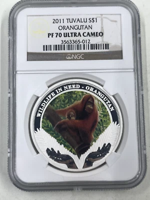 2011 Tuvalu S$1 NGC PF70 Ultra Cameo Orangutan - Image 1 of 4
