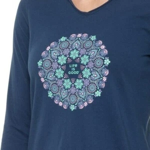 L NWT Women's Life Is Good Wildflower Mandala Dk Blue Lightweight LS Hooded Tee - Picture 1 of 3