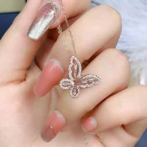 1Ct Pear Lab Created Morganite Butterfly Pendant 14K Rose Gold Plated Silver 18" - Picture 1 of 6