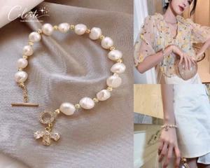 Bee Charm Real Fresh Water Pearl Diamond Crystal Cubic Zirconia Gold Bracelet - Foto 1 di 10