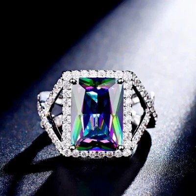 18K White Gold GF Created Mystic Crystal Radiant Cut Rainbow Crossover Band Ring Foto 1 de 4