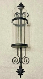 Wrought Iron Hurricane Wall Mount Candle Holder - NEW-19" Tall - Glass 8.5"x3.5" - Picture 1 of 4